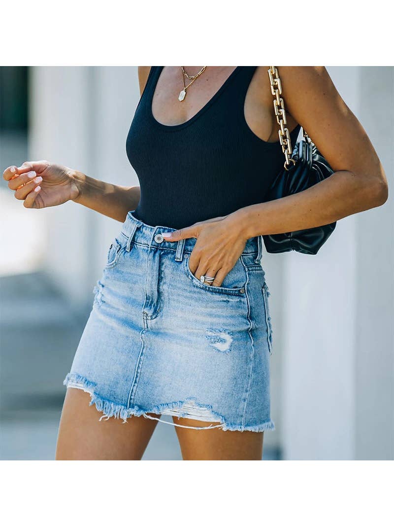 Distressed Raw Hem Denim Mini Skirt