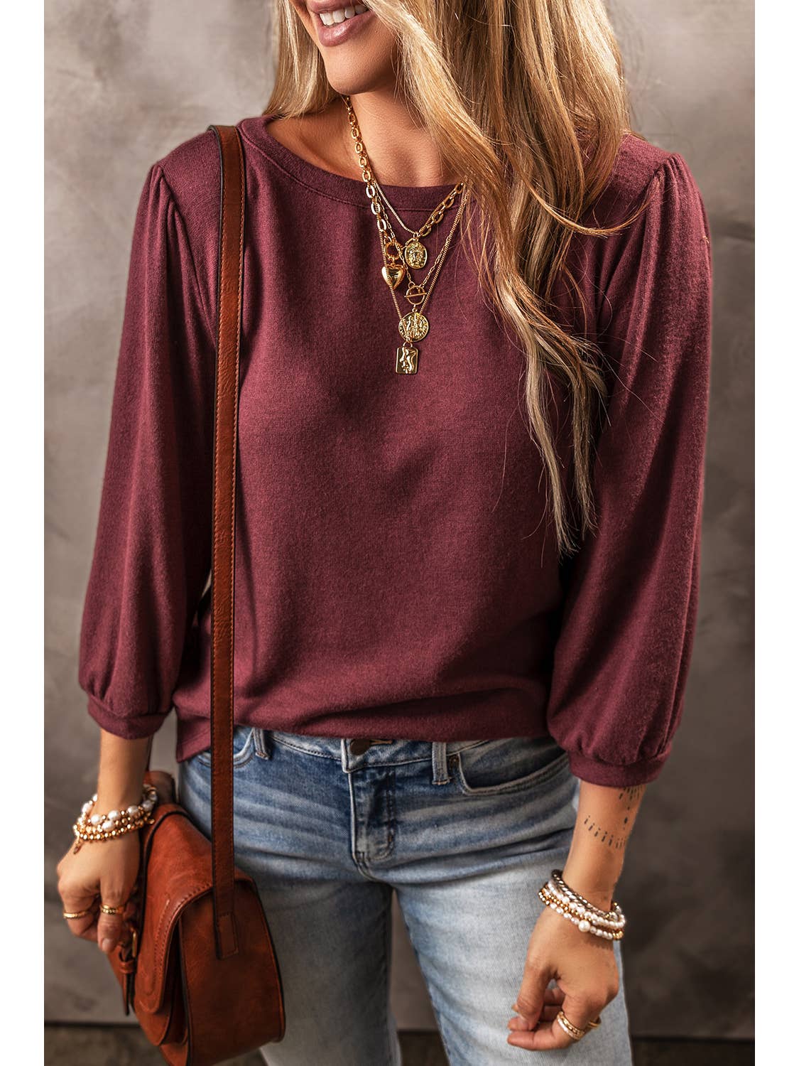 Red Dahlia Solid Color Round Neck Top