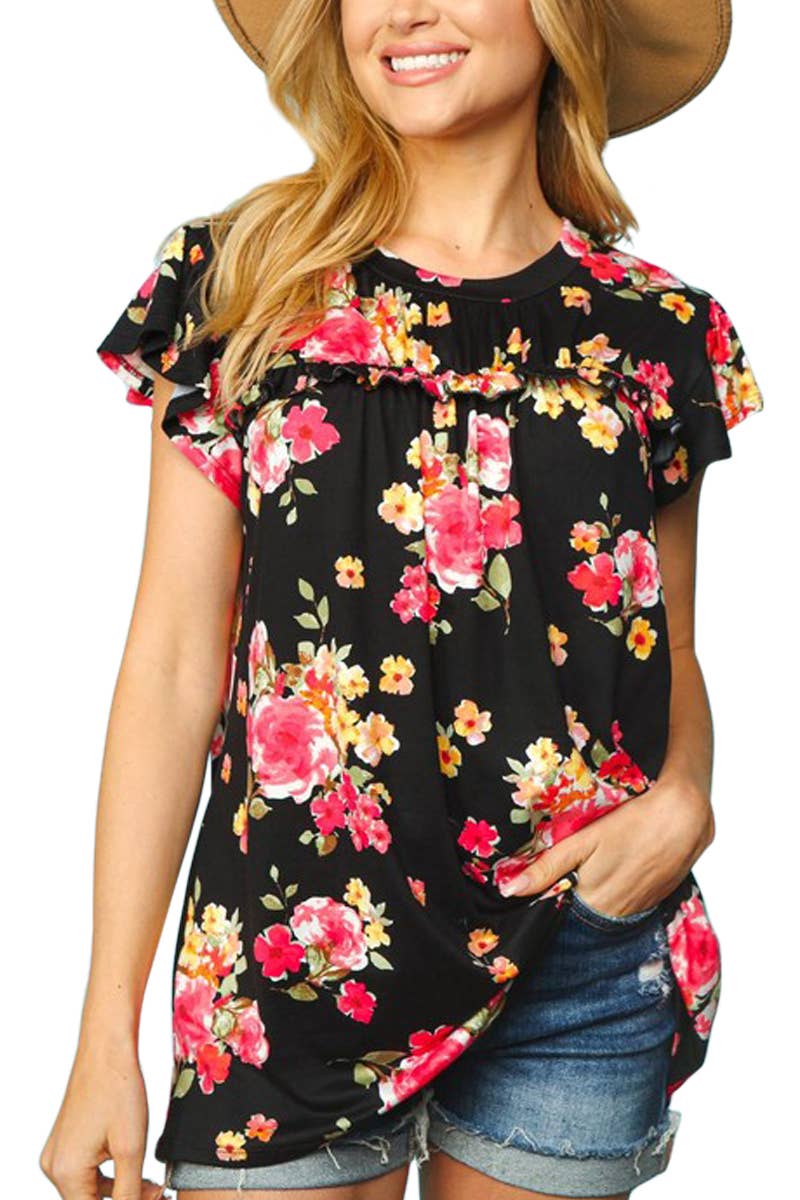 Frilled Short Sleeve Floral Top