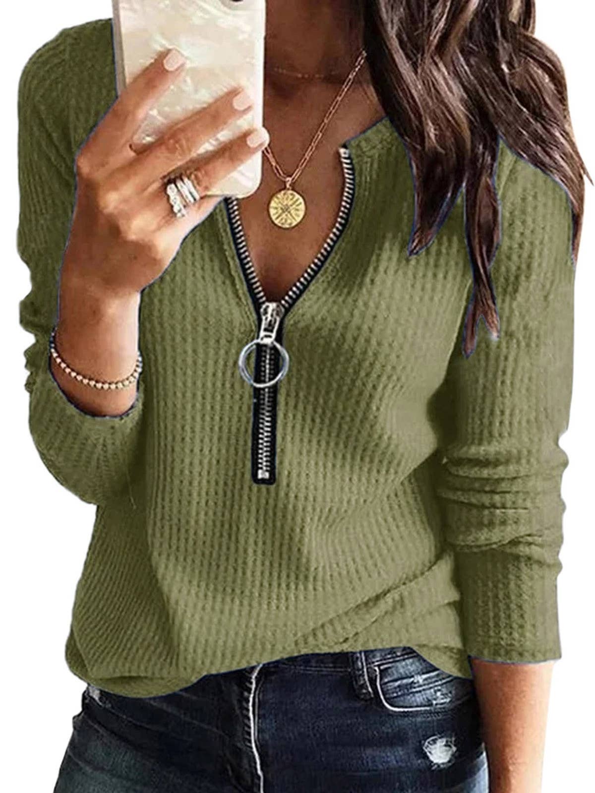 Zip Up Long Sleeve V Neck Top
