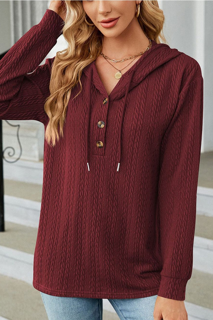 Twist Cable Stitched Button Neck Hoodie