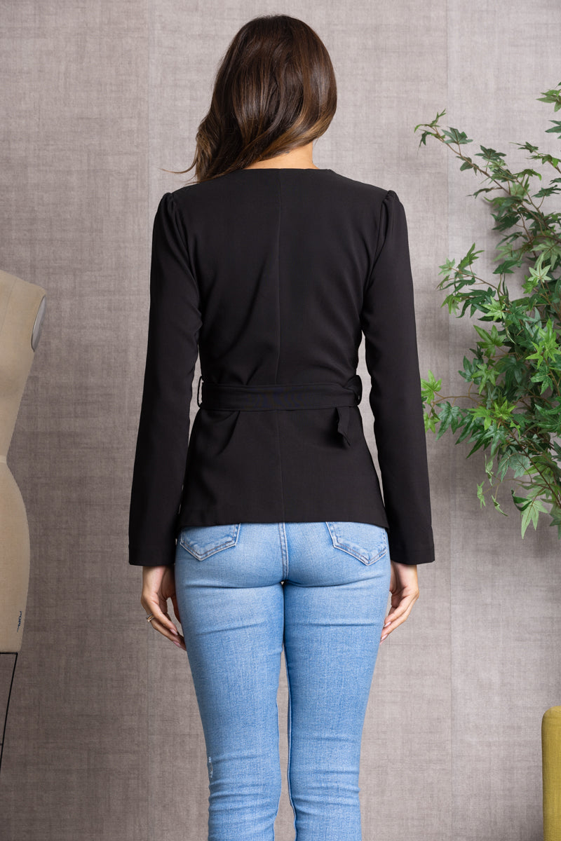 Noir Black Long Sleeve Button-Up Belted Top
