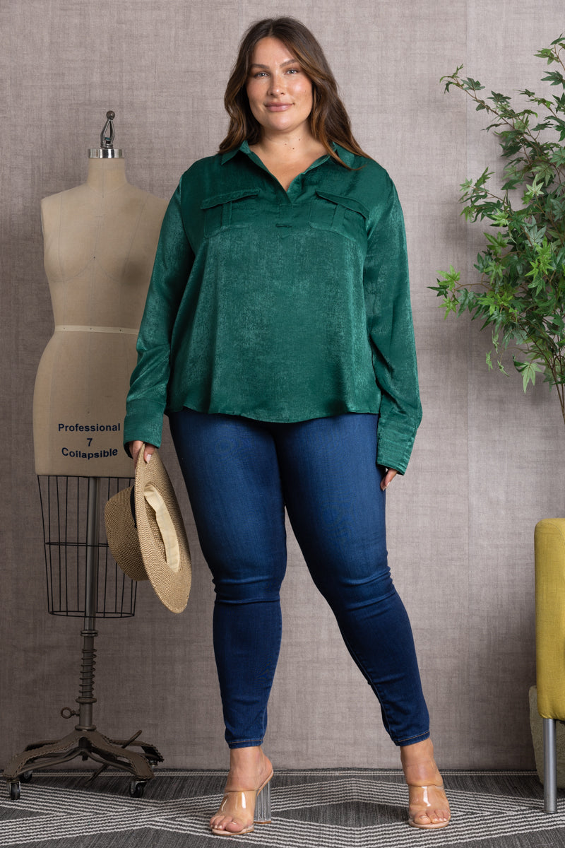 Satin Collared Long Sleeve Plus Size Top