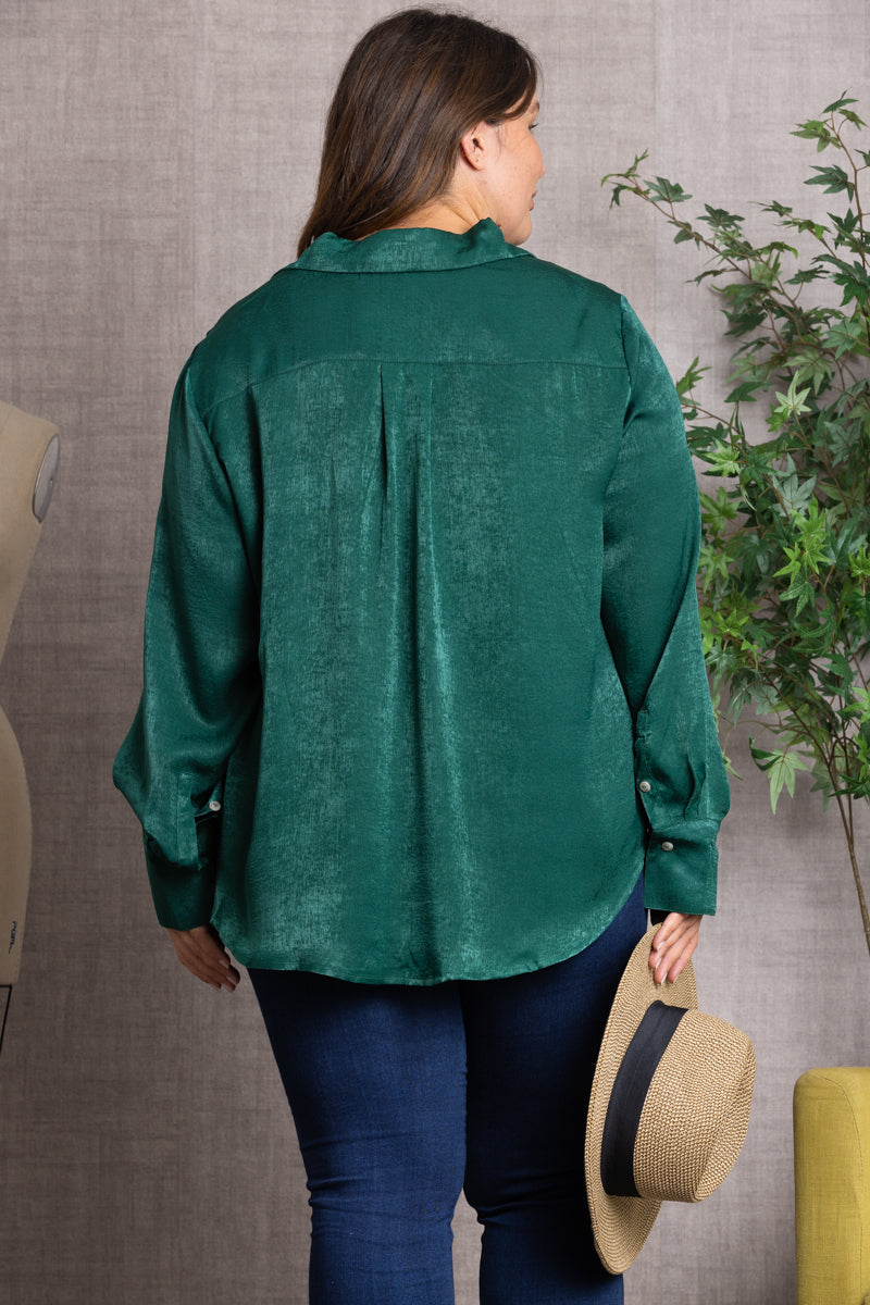 Satin Collared Long Sleeve Plus Size Top