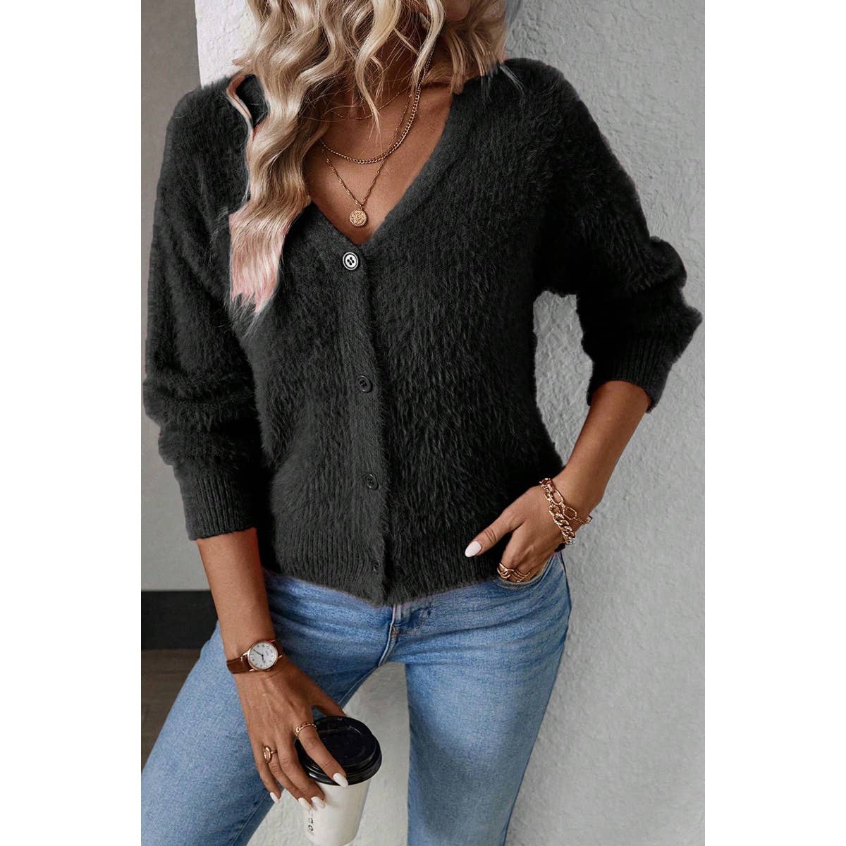 Fuzzy Fleece Button Open Cardigan