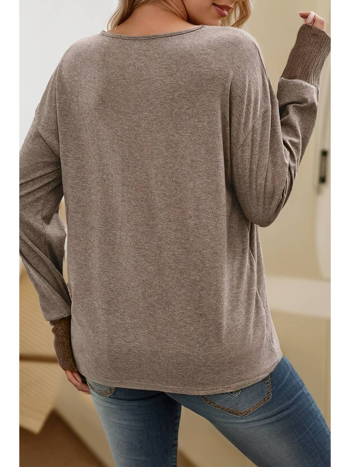 Khaki Contrast V Neck Long Sleeve Top