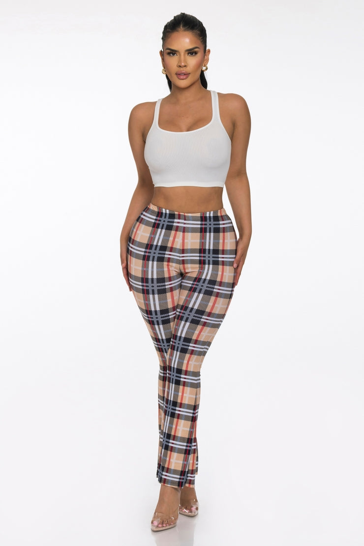 Plaid Pattern Print Flare Pants