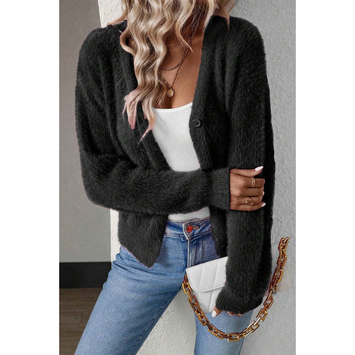Fuzzy Fleece Button Open Cardigan