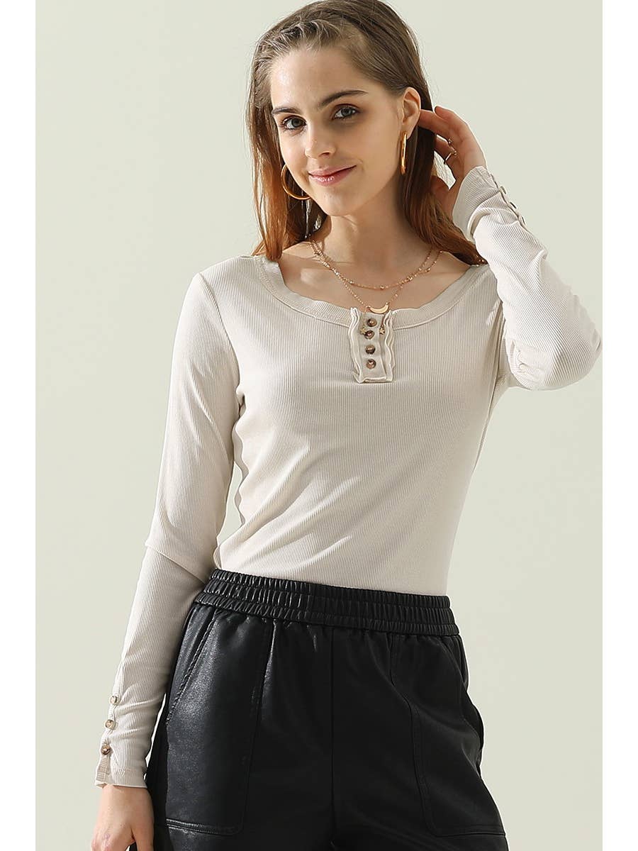 Round Button Neck Long Sleeve T Shirt Top