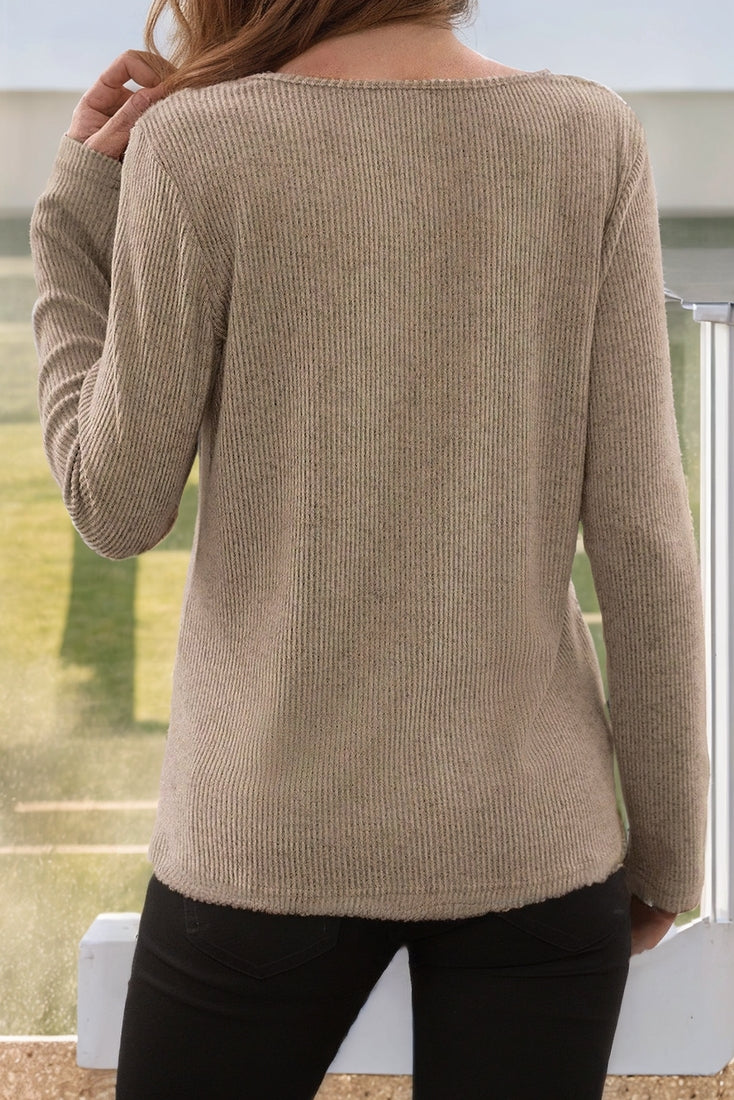 Pale Khaki Buttoned V Neck Ribbed Top
