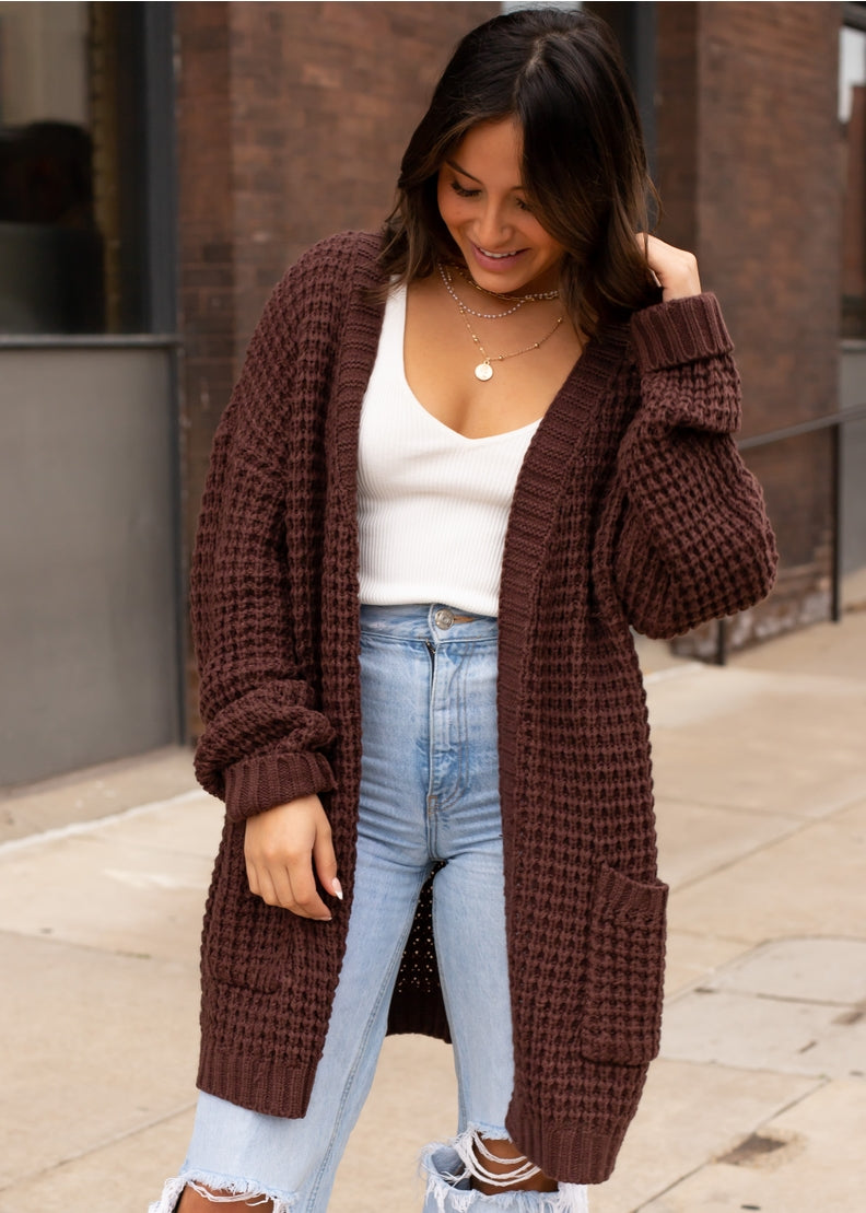 Dark Brown Knit Open Cardigan