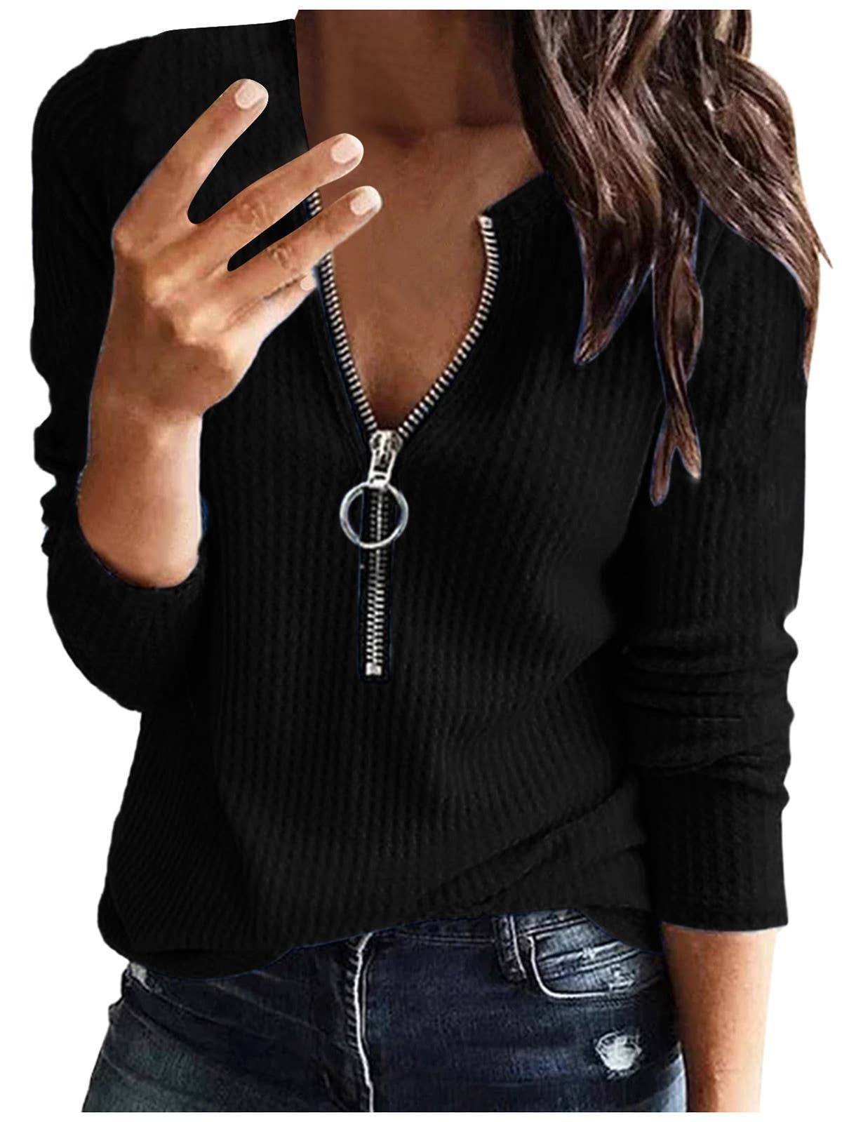 Zip Up Long Sleeve V Neck Top