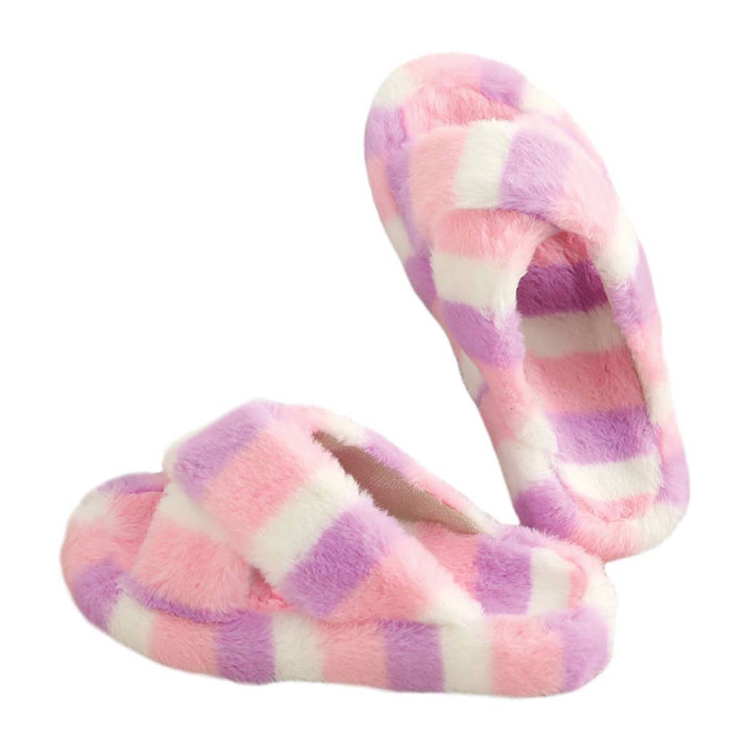 Two-Tone Criss Cross Faux Fur Slippers