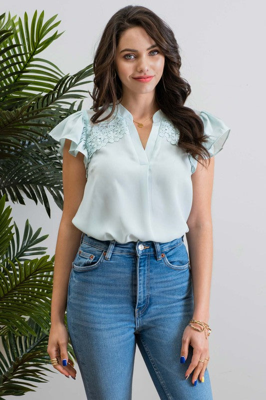 Shoulder Lace Patch Woven Top