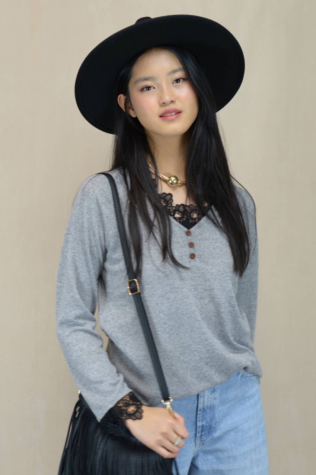 Black Lace Trim V-Neck Top