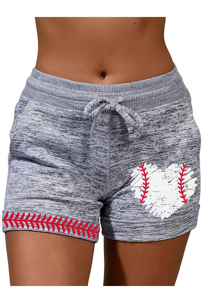 Baseball Heart Print Drawstring Shorts with Pockets