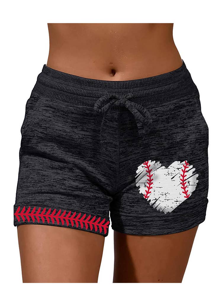 Baseball Heart Print Drawstring Shorts with Pockets
