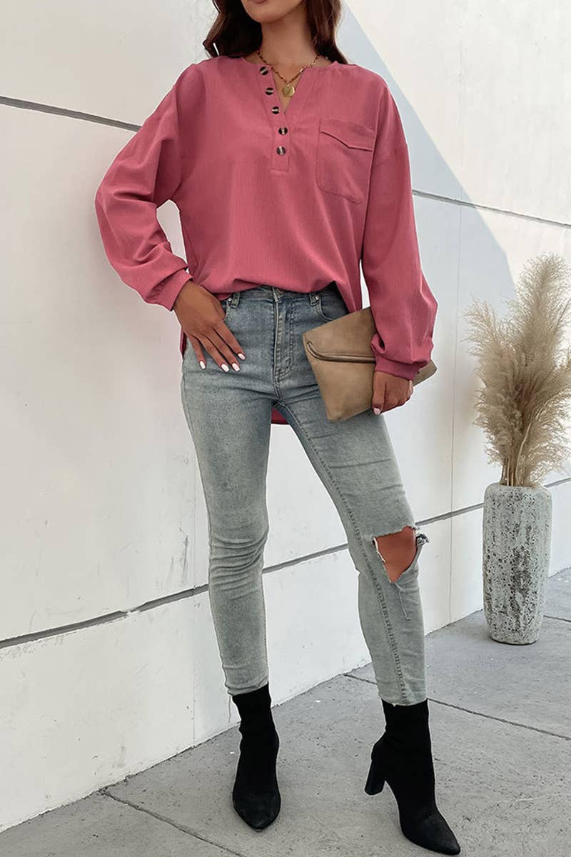 Ribbed Sleeve Button Neck Tunic Top