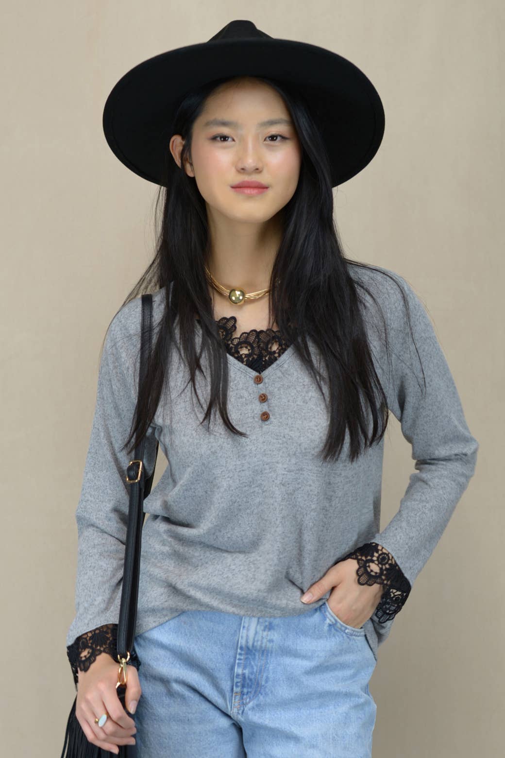 Black Lace Trim V-Neck Top