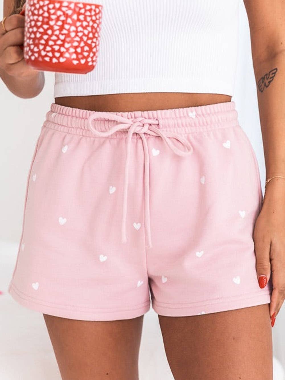 Pink Cute Heart Print Drawstring Lounge Shorts