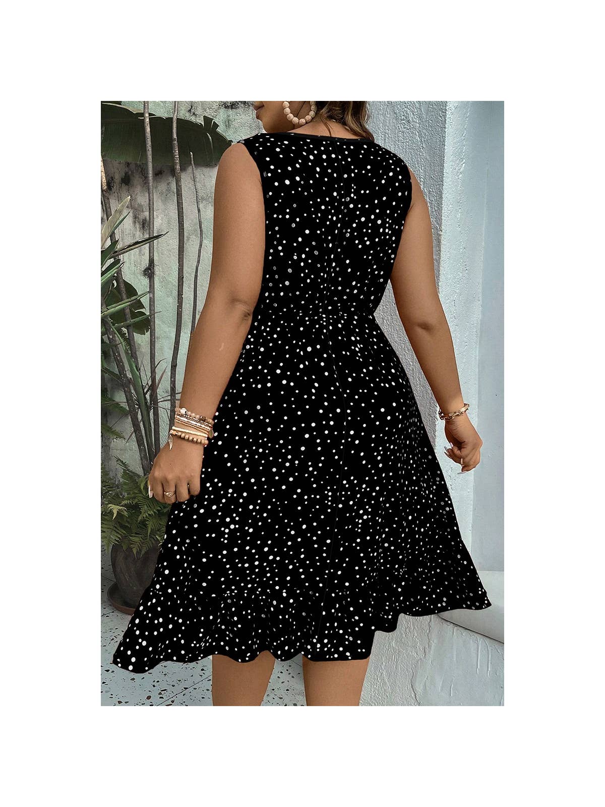 Plus Size Dot Print High Elastic Waist Ruffle Dress