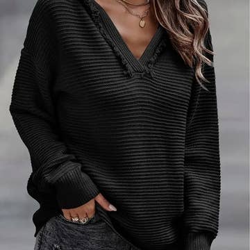 V Neck Long Sleeve Knit Hoodie