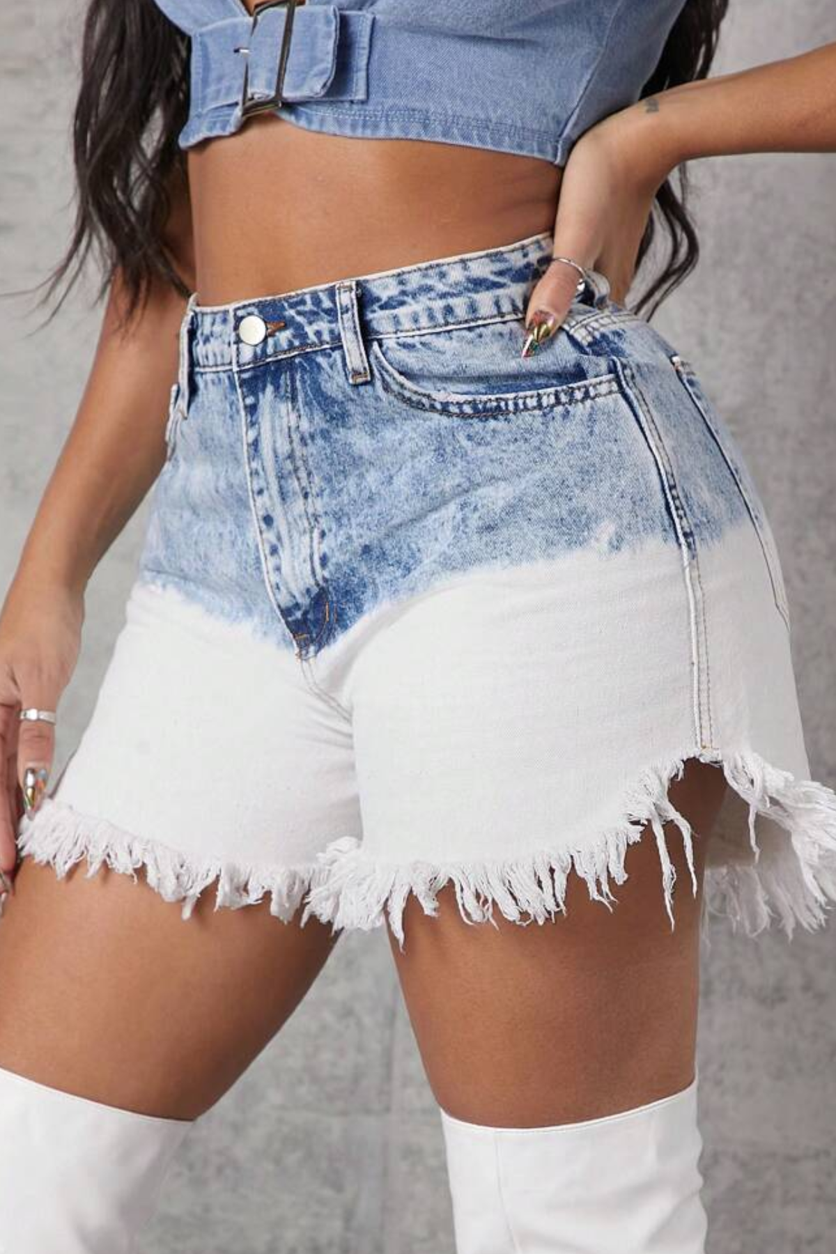 Blue & White Fringe Denim Shorts