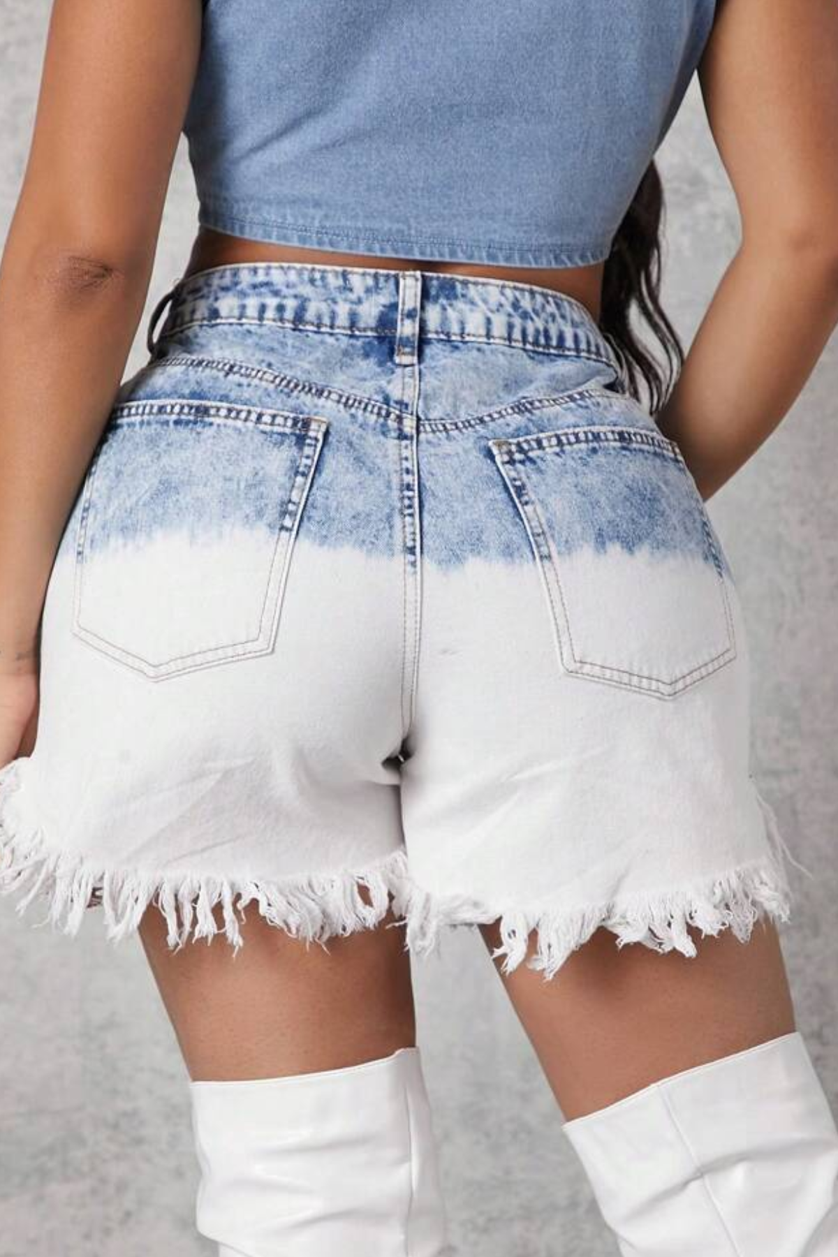 Blue & White Fringe Denim Shorts