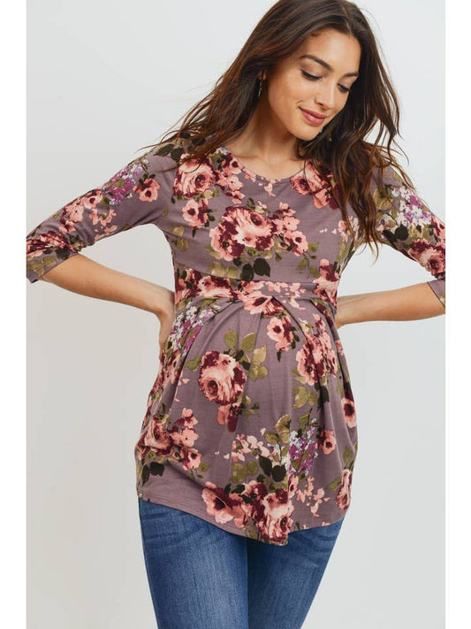 Floral Pleated 3/4 Sleeve Maternity Top