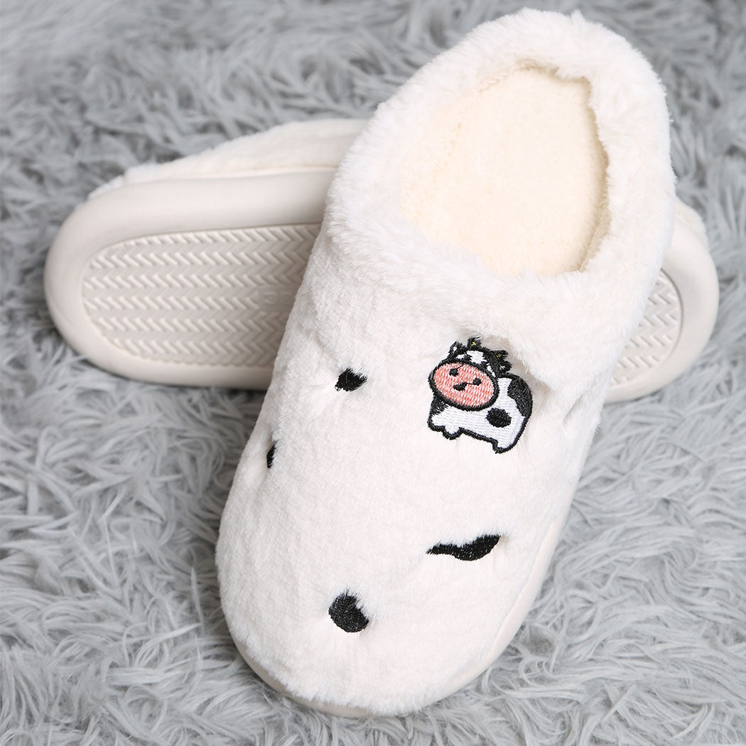 Cow Embroidered Faux Fur Slippers
