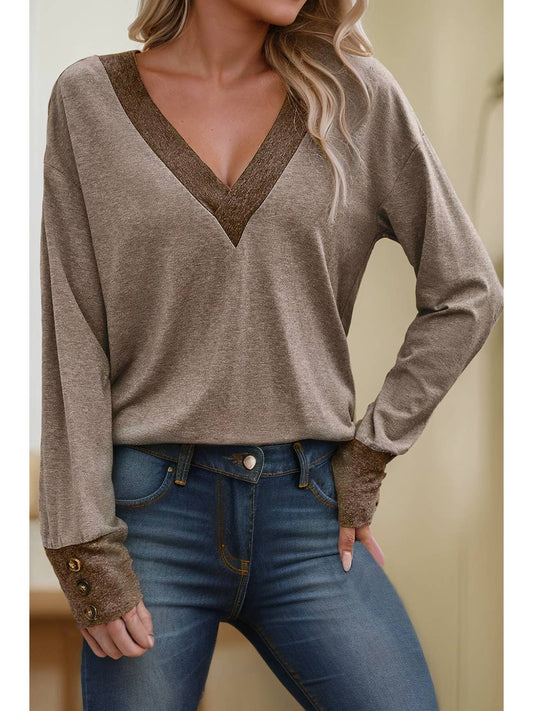 Khaki Contrast V Neck Long Sleeve Top