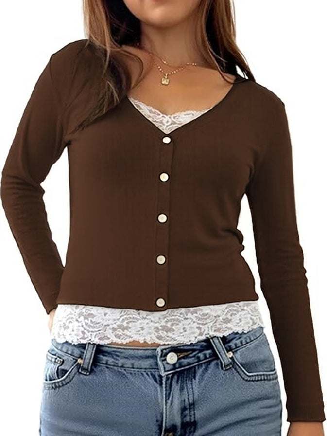 Button Ribbed Lace Top