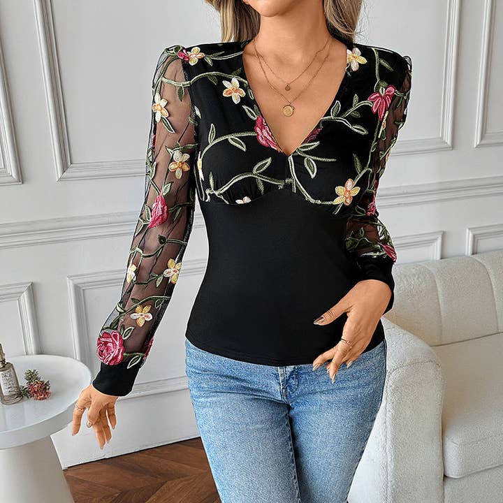 Lace Embro V Neck Tee