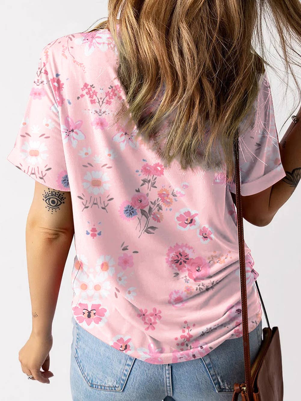 Pink V Neck Floral T Shirt