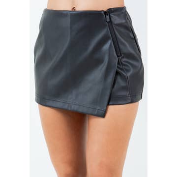 Faux Leather Zipper Side Slit Skort