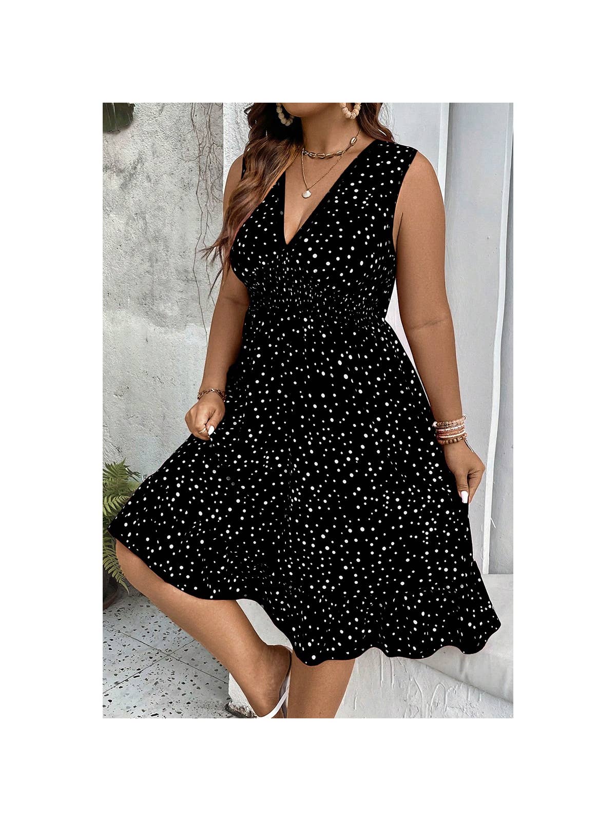 Plus Size Dot Print High Elastic Waist Ruffle Dress