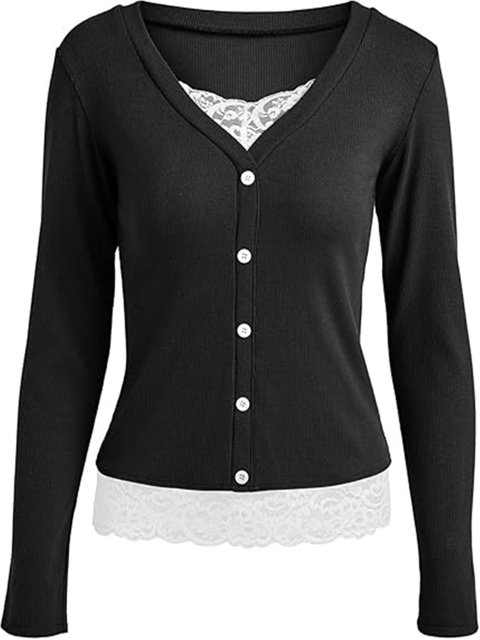 Button Ribbed Lace Top
