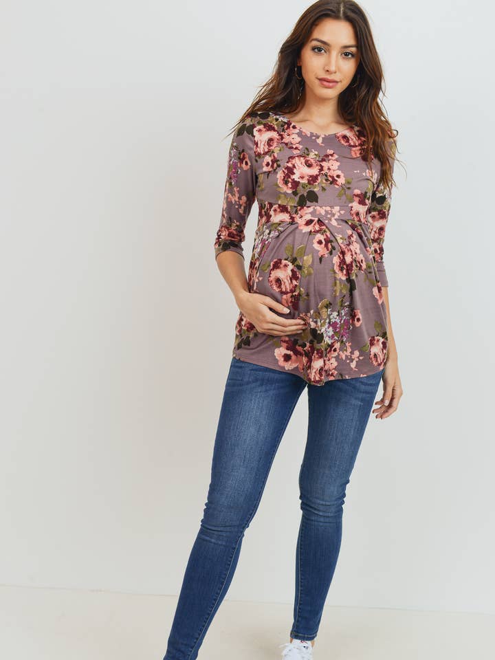 Floral Pleated 3/4 Sleeve Maternity Top
