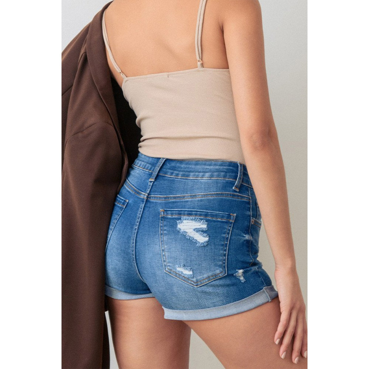 Mid Rise Destroyed Denim Shorts