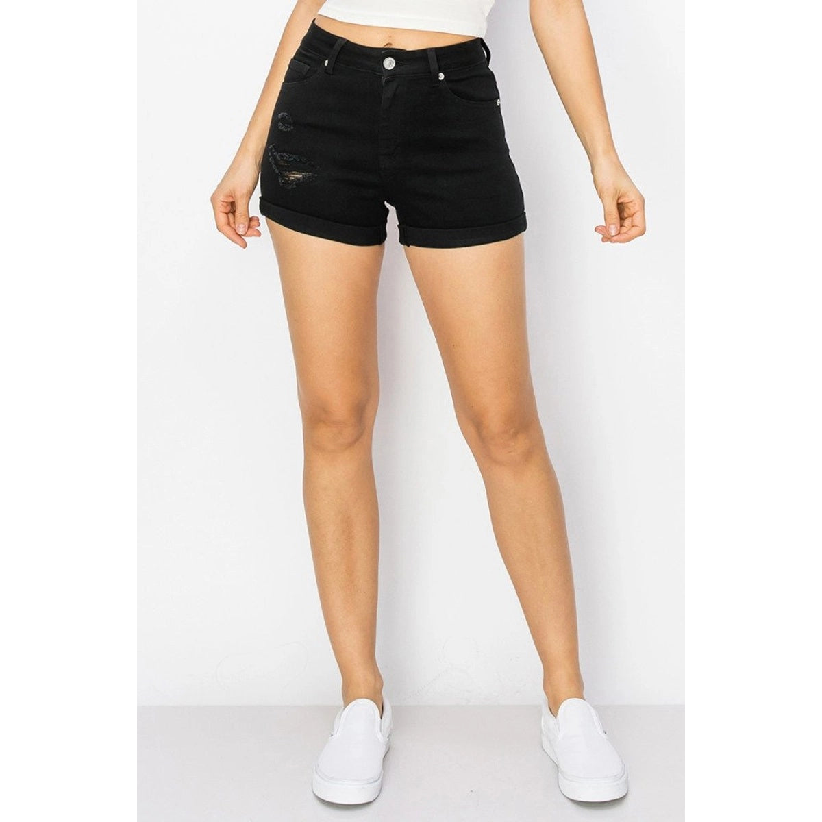 Mid Rise Destroyed Denim Shorts