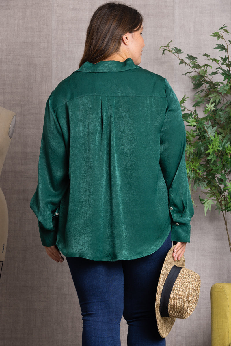 Satin Collared Long Sleeve Plus Size Top