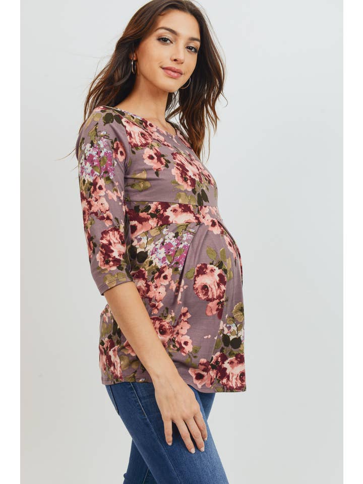 Floral Pleated 3/4 Sleeve Maternity Top