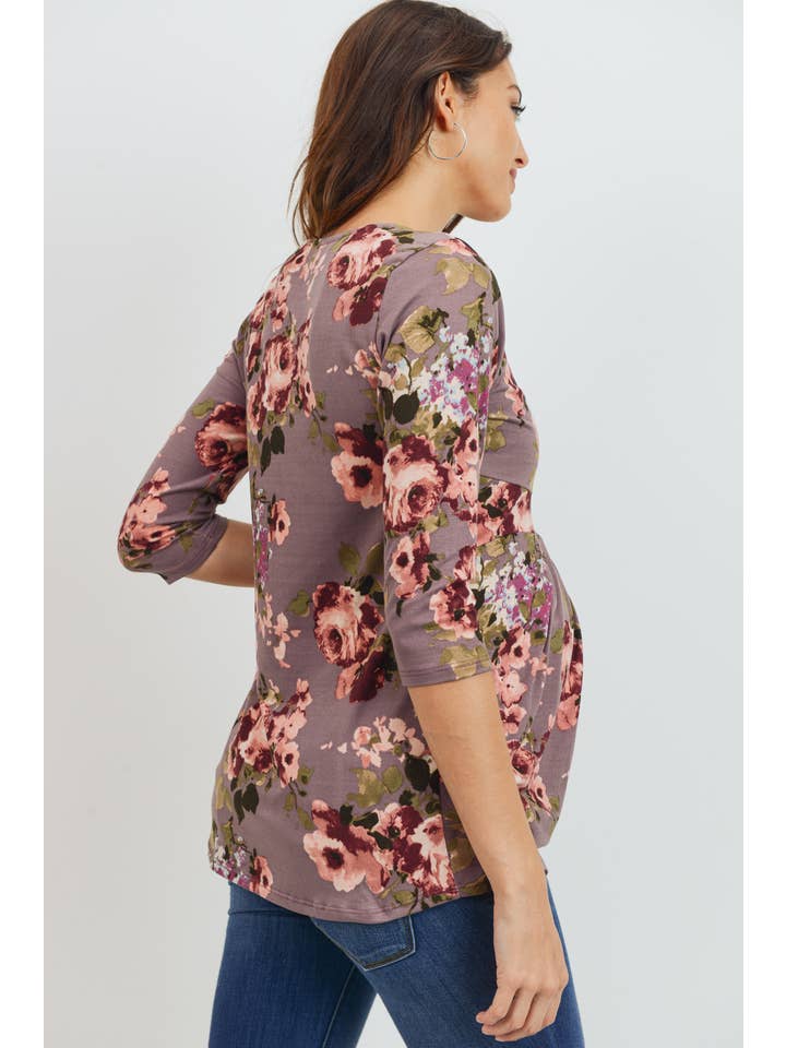 Floral Pleated 3/4 Sleeve Maternity Top