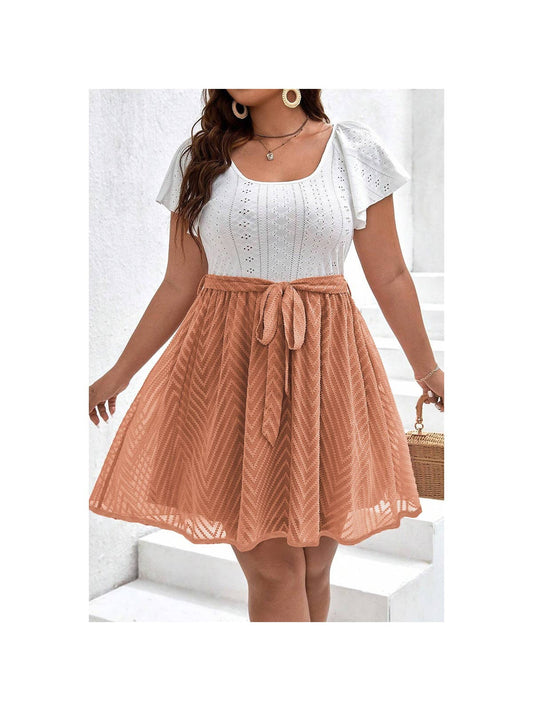 Square Neck Hollow Out Lined Lace Belt Short Dress