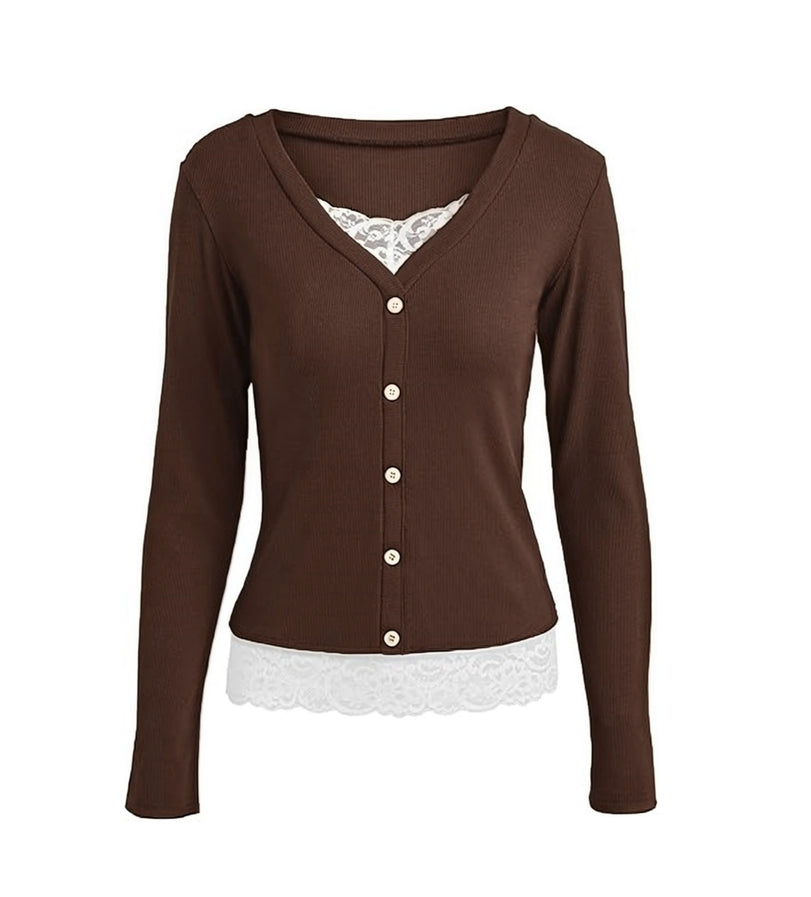 Button Ribbed Lace Top
