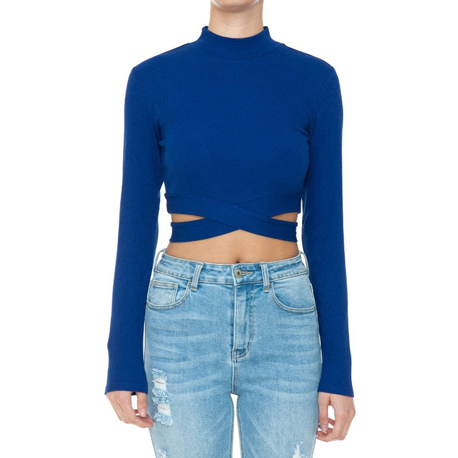 Cross Wrap Cutout Ribbed Long Sleeve Crop Top