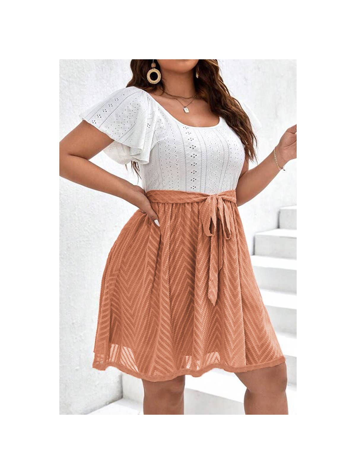 Square Neck Hollow Out Lined Lace Belt Short Dress