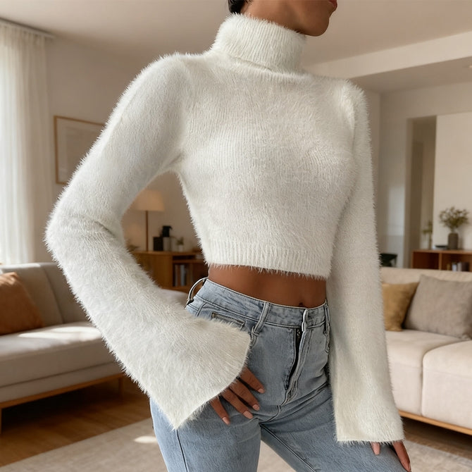 High Neck Short Navel Exposed Plush Sweater