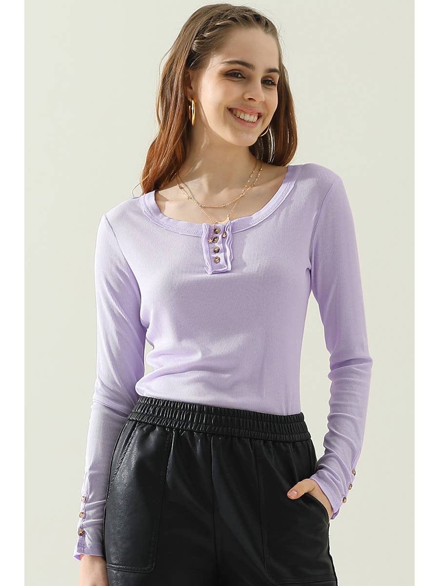 Round Button Neck Long Sleeve T Shirt Top