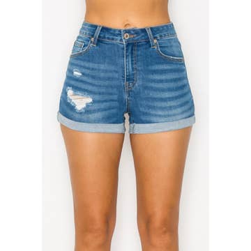 Mid Rise Destroyed Denim Shorts